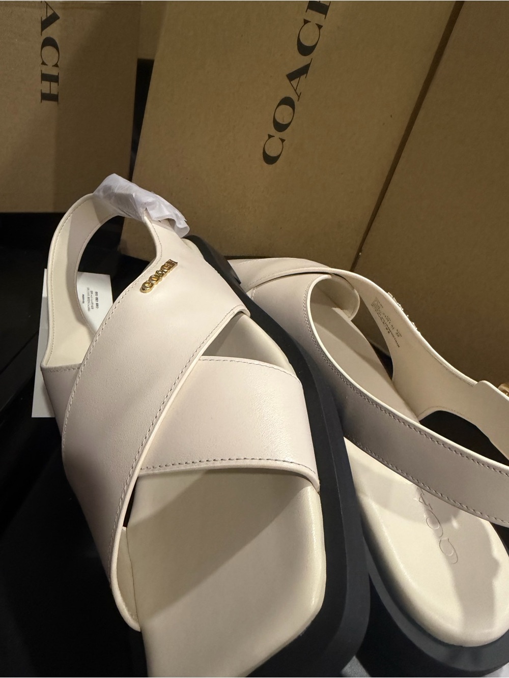 Coach Chalk Leather Crisscross Slide Sandals with Gold Logo CAP62 size 7.5 B - Picture 10 of 16
